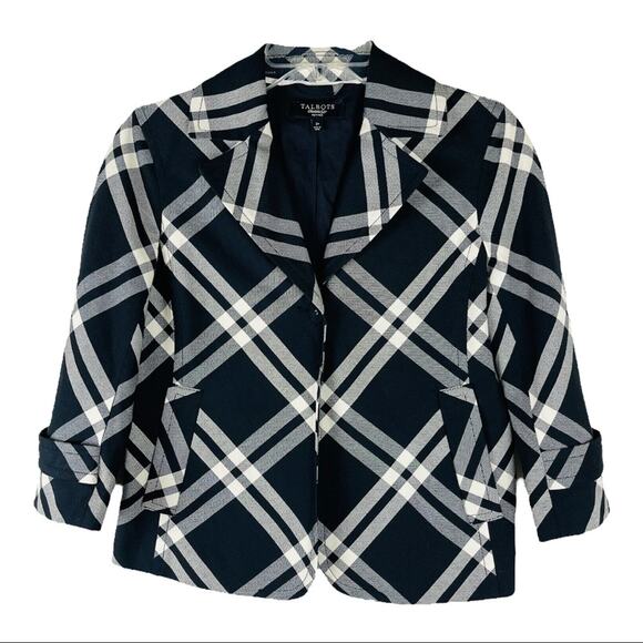 Talbots cream black plaid preppy croppsed academia blazer 2P - Picture 1 of 8